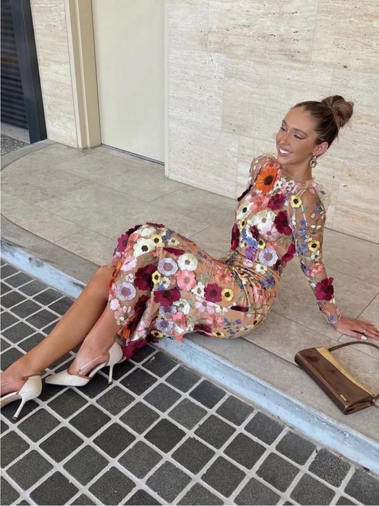Bronx and Banco Dresses & Skirts - Floral Appliqué Sheer Long-Sleeve Midi Dress - Multi